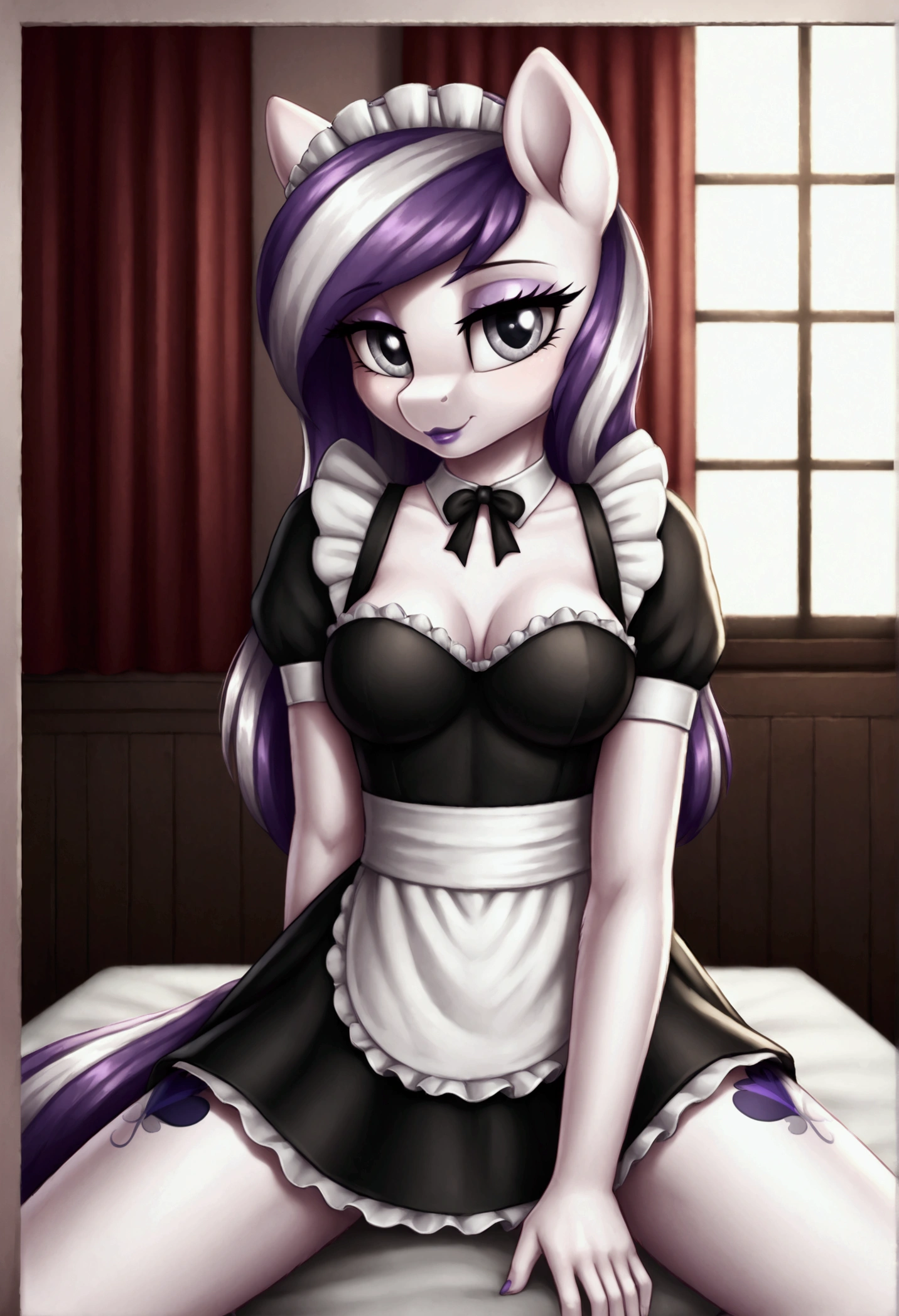 My little pony, (anthro), ((maid uniform)), ((Two-tone hair with black on top and white underneath)), pale white body, gray eyes, medium breasts, purple lips, perfect lines, heart cutie mark
