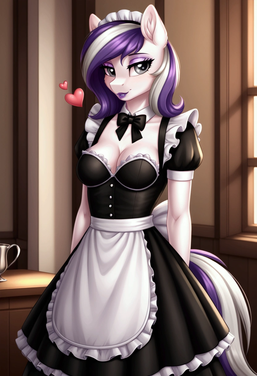 My little pony, (anthro), ((maid uniform)), ((Two-tone hair with black on top and white underneath)), pale white body, gray eyes, medium breasts, purple lips, perfect lines, heart cutie mark