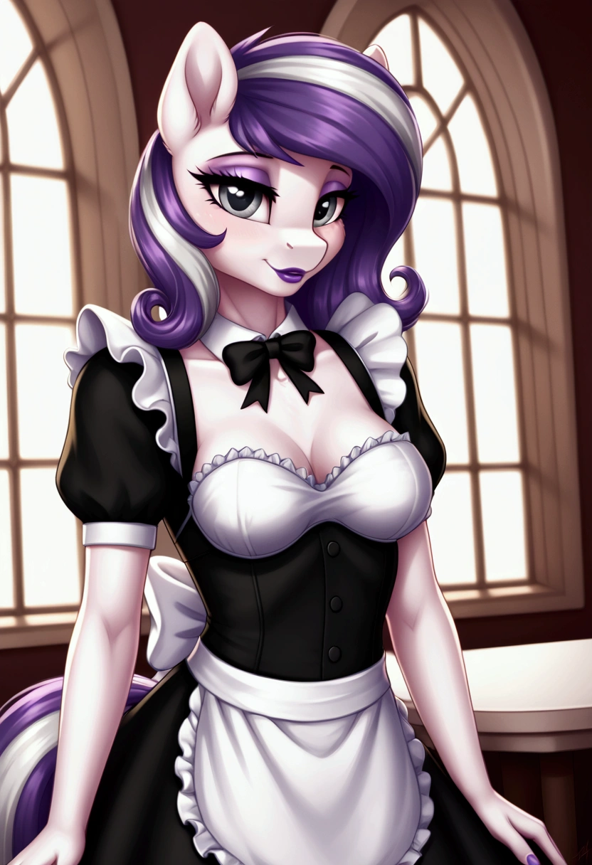 My little pony, (anthro), ((maid uniform)), ((Two-tone hair with black on top and white underneath)), pale white body, gray eyes, medium breasts, purple lips, perfect lines, heart cutie mark