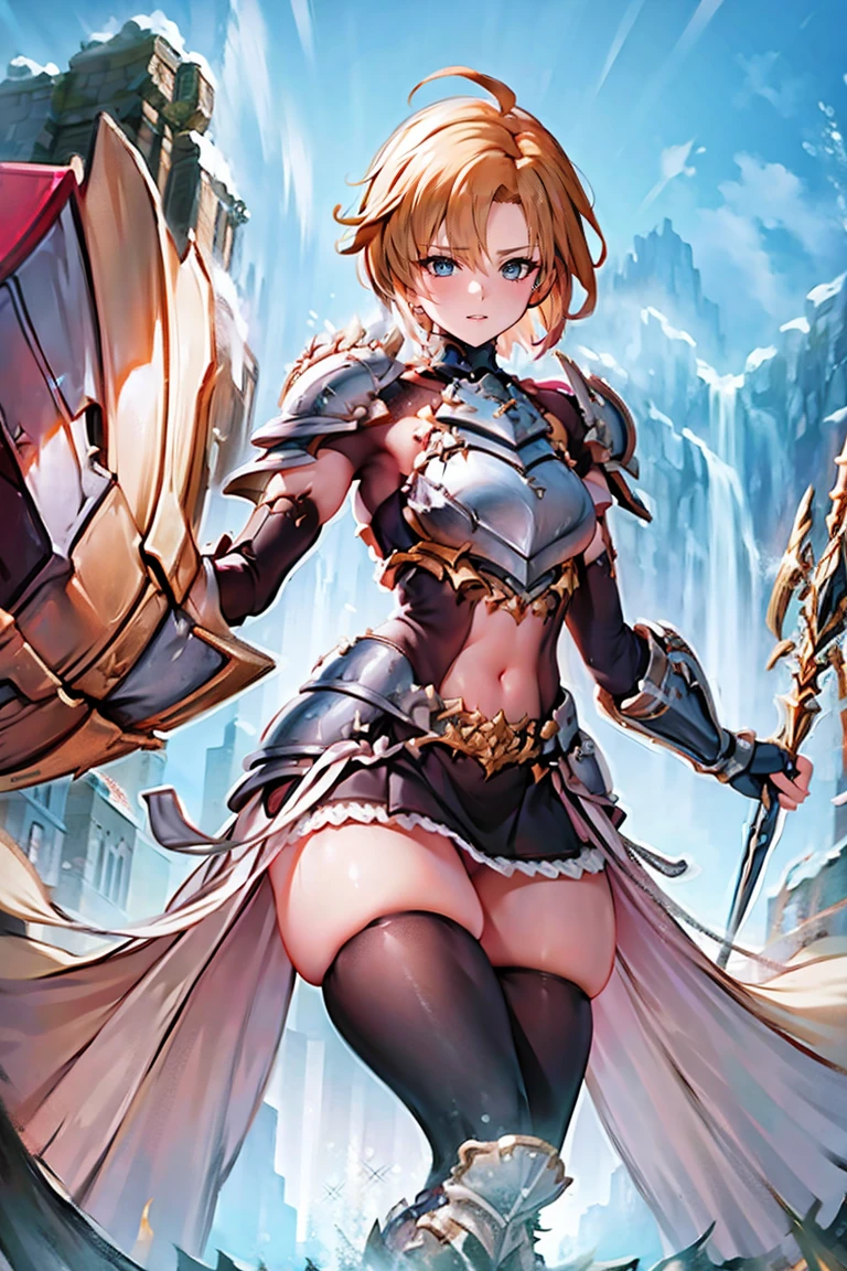 jewelry, bodysuit, fingerless gloves, knight, highleg, (((skin tight))), vambraces, arm guards, (((faulds))), greaves, 1girl,solo,　gauntlets, armored boots, breastplate, pauldrons, shoulder armor, big armors, thighhighs, dare thighs, short hair, pink hair, blue eyes, adult, adult face, fearless face, curvy, perfect proportion, perfect anatomy, perfect body, armored dress knight, plate armor knight, silver knight armor, ahoge, center loincloth, (((skirt))), black legwear, black clothes, black wear, covered arms, masterpiece, masterwork, best quality, super fine illustration, beautiful, ultra detailed beautiful face, cg unity 8k wallpaper, ultra detailed, ultra high res, round face, smile, leotard, absurdres, exquisite, by famous artist, voluptuous, official art, fair skin, gleaming skin, oil skin, shiny skin, sweat, front view, two arms, both arms, perfect arms, perfect fingers, perfect hands, flame and battlefield background, shield, outdoor, perfect eyes, even eyes, symmetrical eyes, clear eyes, ultra detailed beautiful eyes, beautiful thighs, sword, under armor, navel covered clothes, perfect legs, beautiful legs, navel, 