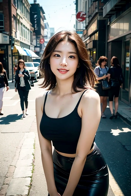 (a gorgeous young korean lady, detailed face with large expressive eyes, long eyelashes, symmetrical face, delicate features, ample bosom, kind smile, wearing black top and short skirt, standing on city street, highly detailed, 8k, masterpiece, masterful lighting, cinematic composition, photorealistic, volumetric lighting, vibrant colors, elegant, graceful, charming, bokeh, the_cowboy_shot, late night)