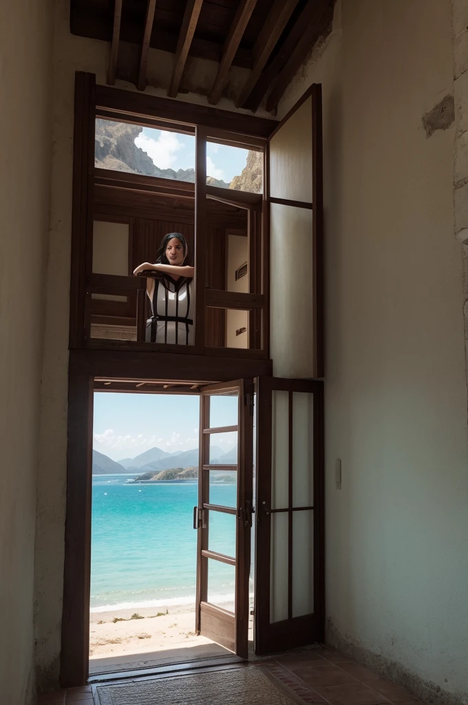 A woman is sitting in a prison cell, but with a hopeful expression on her face. The cell is visibly simple and somber, with a detail indicating a possibility of escape, such as a window with a view of a paradisiacal landscape or a slightly open door. Outside the cell, there is a stunning landscape – beaches, mountains, or a vibrant city, suggesting freedom and adventure.