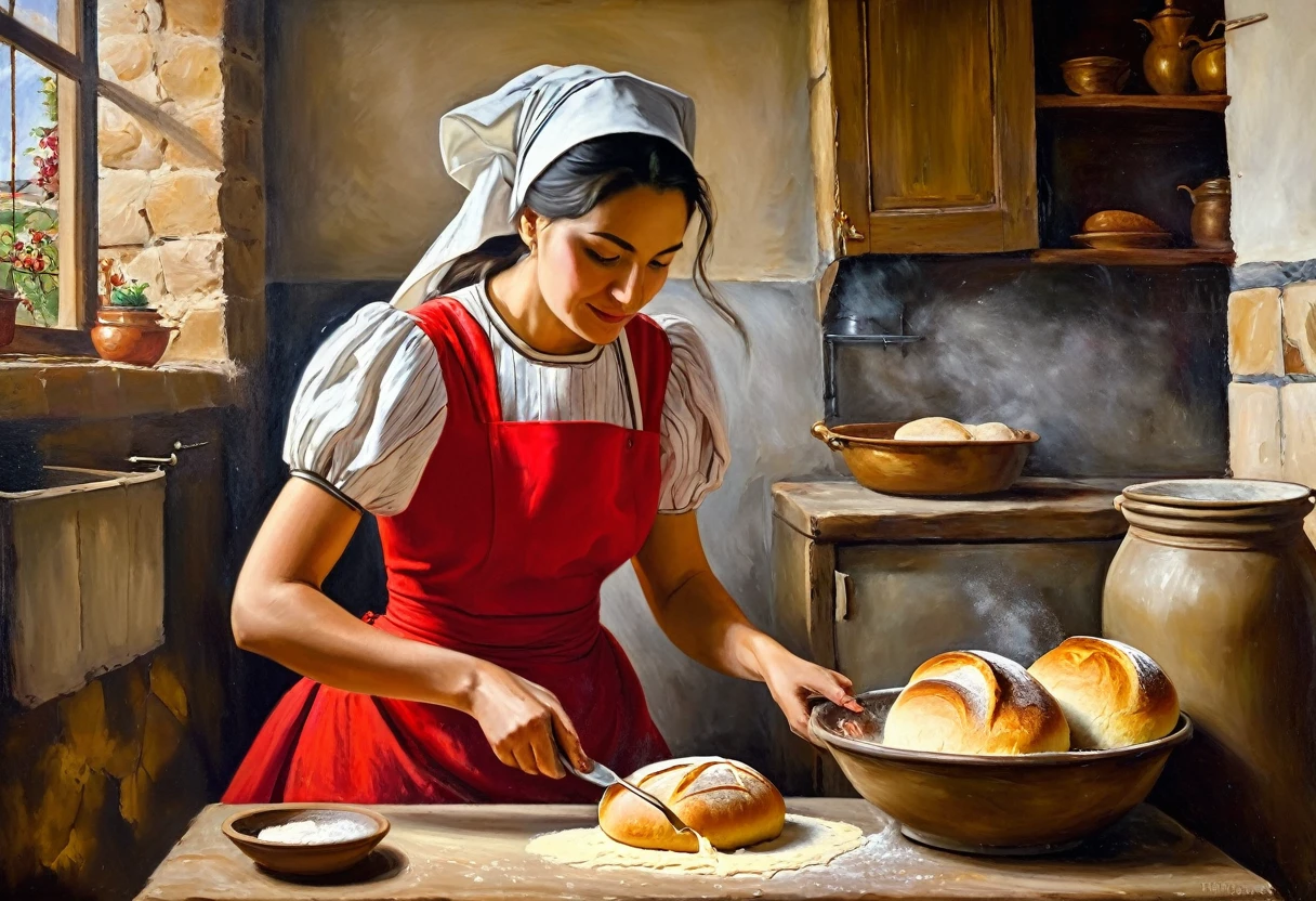 painting of a woman in a red dress making bread in a kitchen, oil-painting, oil - painting, oil art, oil paining, in a kitchen, professional oil painting, painting oil, oil in canvas style, oil panting, traditional oil painting, churning, baking artwork, peinture à l'huile, oil painting, oil canvas