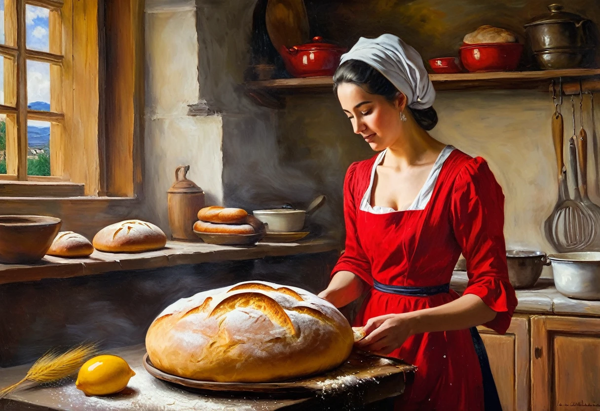painting of a woman in a red dress making bread in a kitchen, oil-painting, oil - painting, oil art, oil paining, in a kitchen, professional oil painting, painting oil, oil in canvas style, oil panting, traditional oil painting, churning, baking artwork, peinture à l'huile, oil painting, oil canvas