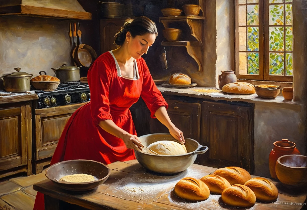 painting of a woman in a red dress making bread in a kitchen, oil-painting, oil - painting, oil art, oil paining, in a kitchen, professional oil painting, painting oil, oil in canvas style, oil panting, traditional oil painting, churning, baking artwork, peinture à l'huile, oil painting, oil canvas