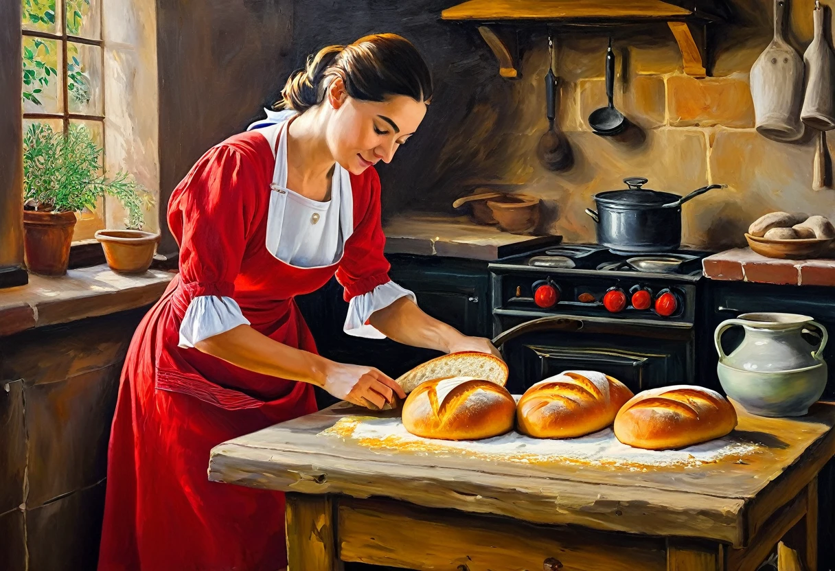painting of a woman in a red dress making bread in a kitchen, oil-painting, oil - painting, oil art, oil paining, in a kitchen, professional oil painting, painting oil, oil in canvas style, oil panting, traditional oil painting, churning, baking artwork, peinture à l'huile, oil painting, oil canvas