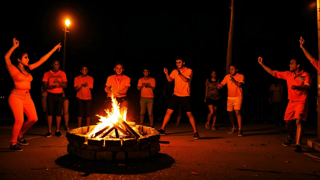 street. Juana , orange, red, Bonfire, 4K, Illuminated, streetarry Night, street. Juana Brazilian people dancing, sound, sound楽グループ