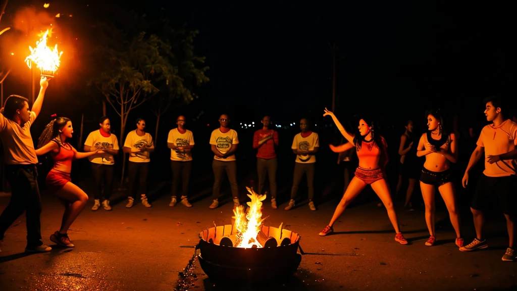 street. Juana , orange, red, Bonfire, 4K, Illuminated, streetarry Night, street. Juana Brazilian people dancing, sound, sound楽グループ