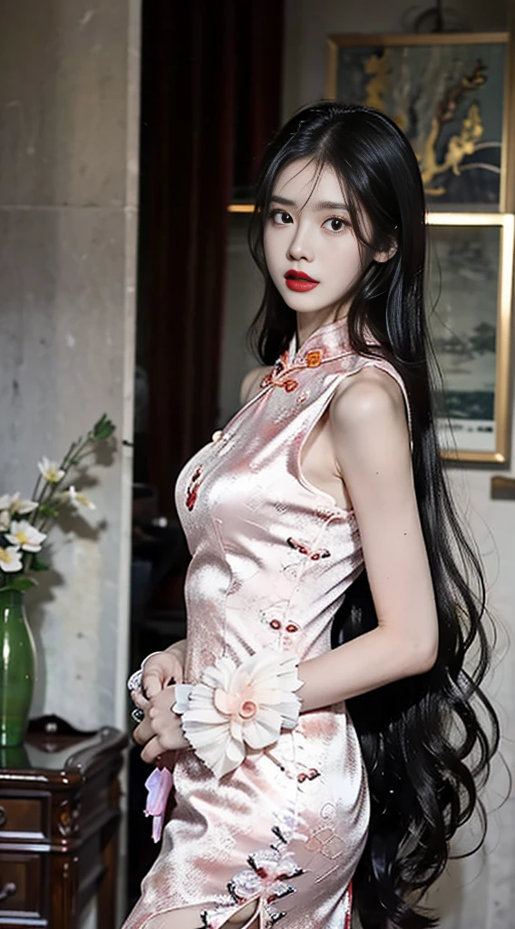 and ,Woman in pink cheongsam,She wears lipstick,There was darkness all around,Atmosphere at night,Full of Chinese atmosphere,She missed her lover,Deeply enveloped in sadness,Write brush words,The picture is HD,A masterpiece。