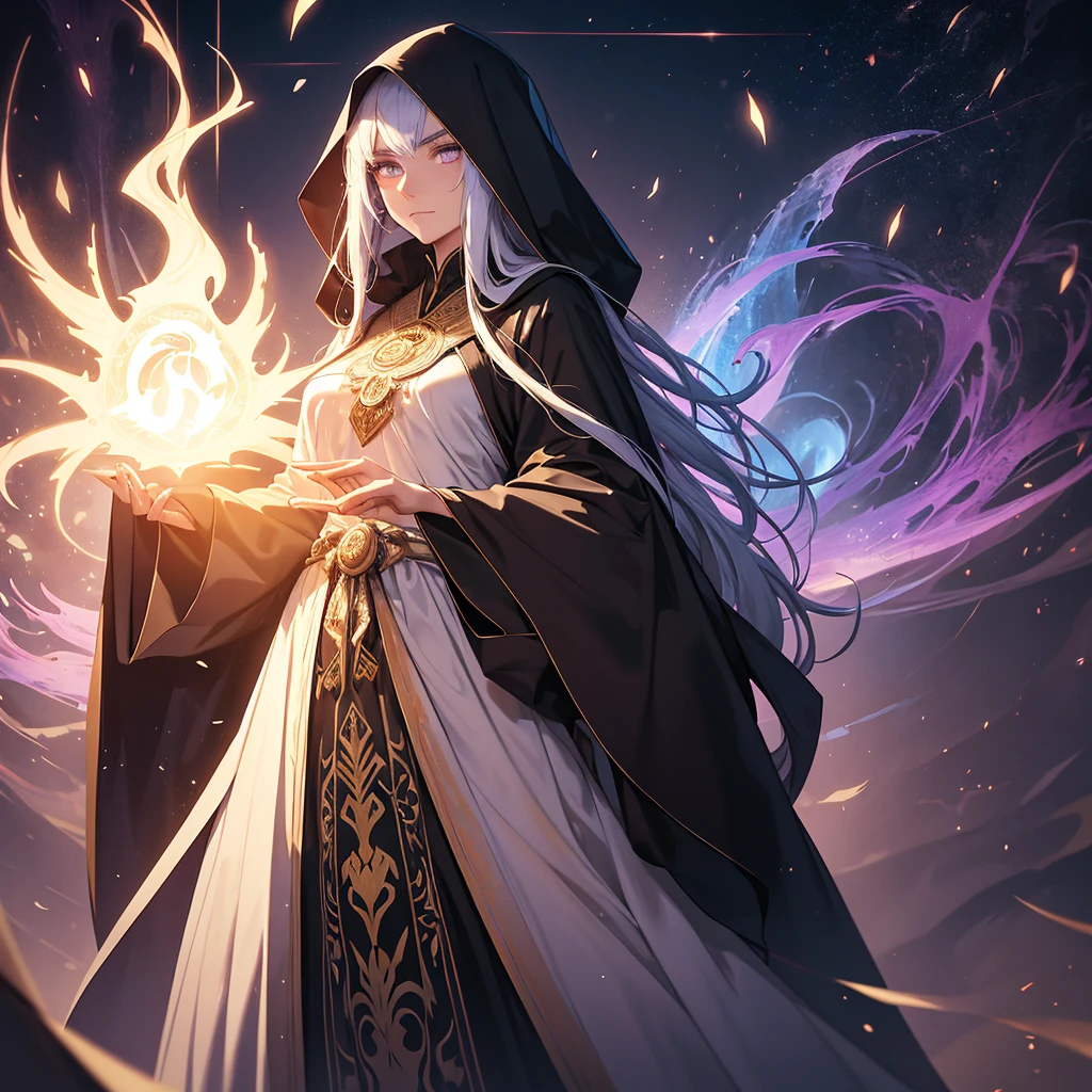 A tall man, cloaked in flowing robes adorned with intricate symbols, stood before her. His eyes sparkled with a mystical light, and his presence exuded an aura of power and kindness.