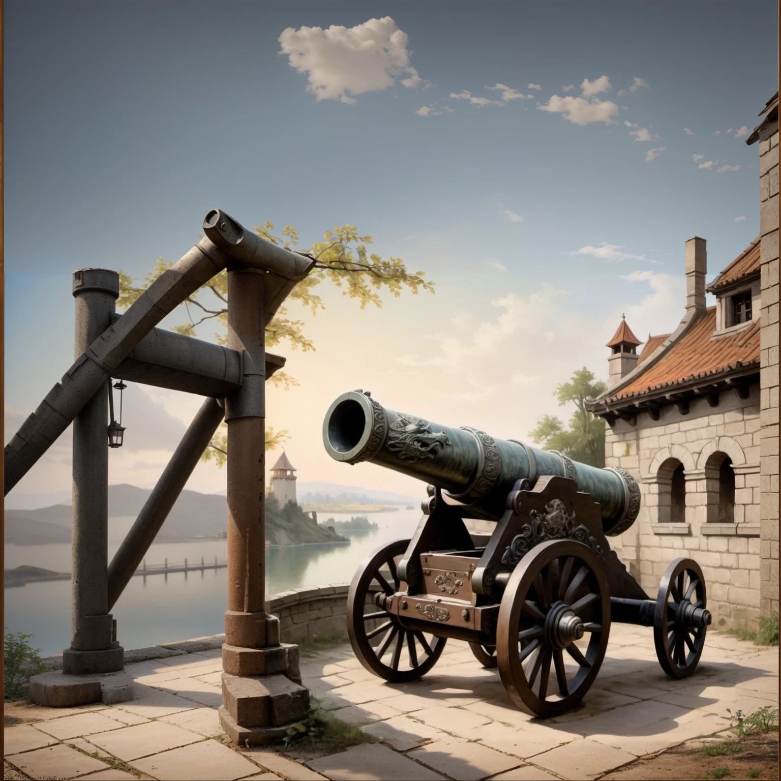 a cannon with , romantic age painting