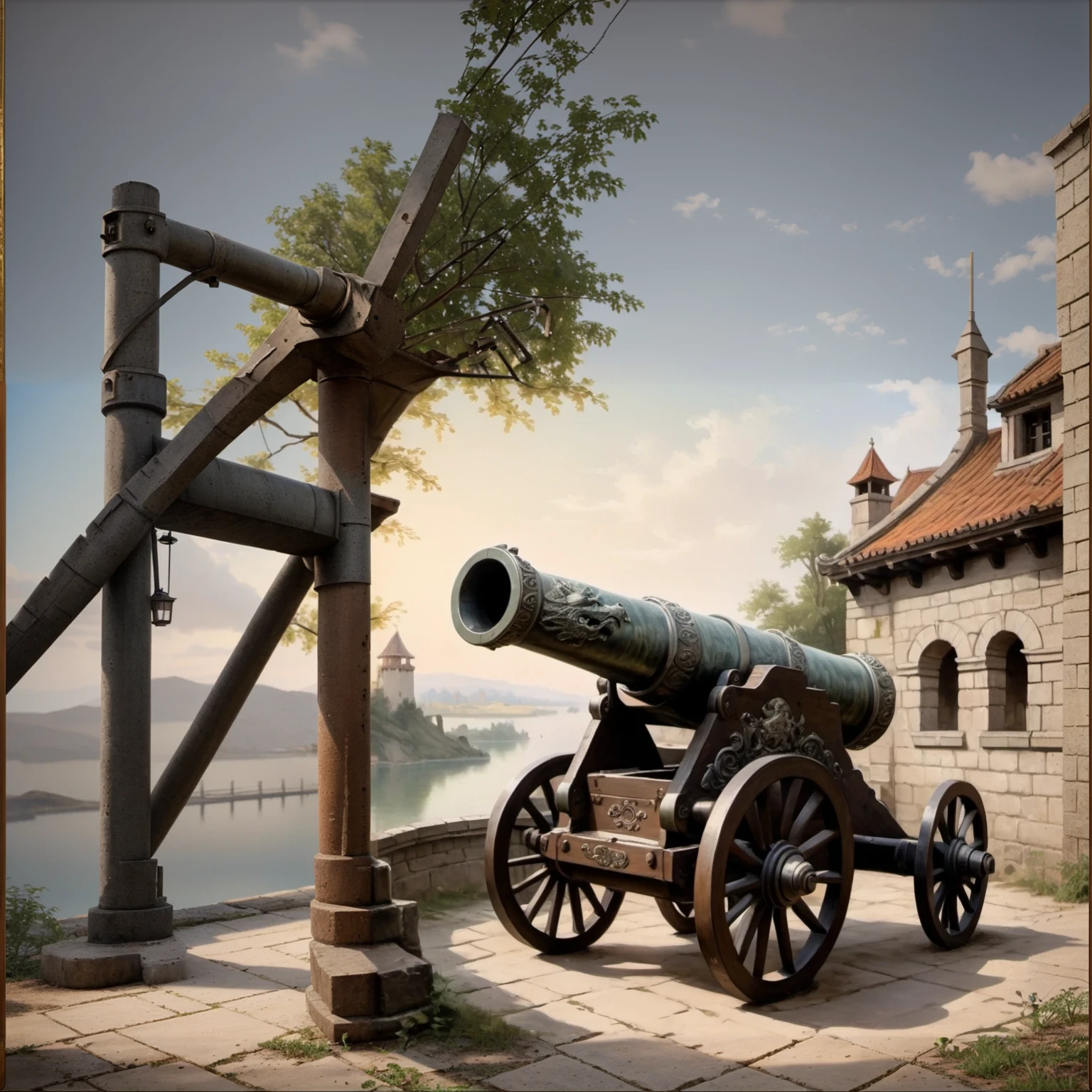 a cannon with , romantic age painting