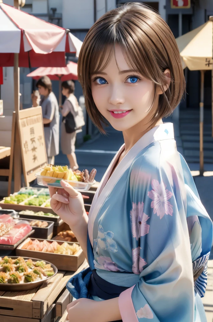 Tabletop、Realistic、Highest quality、Highest quality、masterpiece、Ultra-high resolution、RAW Photos、Realistic、Bright lighting、Face Light、Smooth Professional Lighting、Highest quality、masterpiece、Ultra-high resolution、(Photorealistic:1.4)、RAW Photos、Detailed CG image quality, Beautiful poop、One Girl、26 years old、(blue eyes:1.2)、Pink lipstick、Laughter, pixie hair、(Iridescent hair:1.1), (Short length yukata)、Detailed portrait、8K quality、Concept Art、A dramatic, cinematic atmosphere、Sharp focus、Blurred foreground、Blurred Background:1.3, soft smile, (A young woman in a yukata walking along a road with many food stalls),