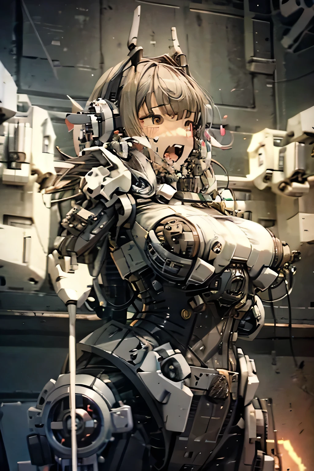 1girl, mechanical girl, girl in ecstasy, squirt, girl absorbed by machinery, cockpit, heart-shaped eyes, smiling, ahegao face, highly detailed, intricate mechanical details, shiny metallic textures, gears and wires, complex machinery, vivid colors, dynamic lighting, cinematic composition, photorealistic, award-winning digital art, epic scale, dramatic lighting, masterpiece, giant breasts