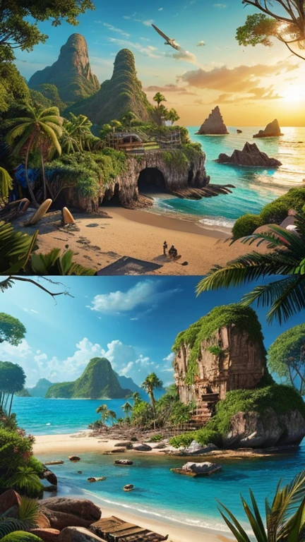 Hyper-realistic digital painting of a mysterious island with an abandoned pirate cove. The entrance to the cove is marked by towering rock formations and shipwrecks scattered along the shore. The remains of an old pirate ship are partially submerged in the clear blue waters. The beach is littered with broken chests, rusted swords, and scattered coins. In the background, dense jungle foliage hides the entrance to a hidden cave, hinting at buried treasure and long-forgotten secrets. The scene is both adventurous and eerie, capturing the spirit of pirate lore. Cinematic composition, trending on ArtStation.