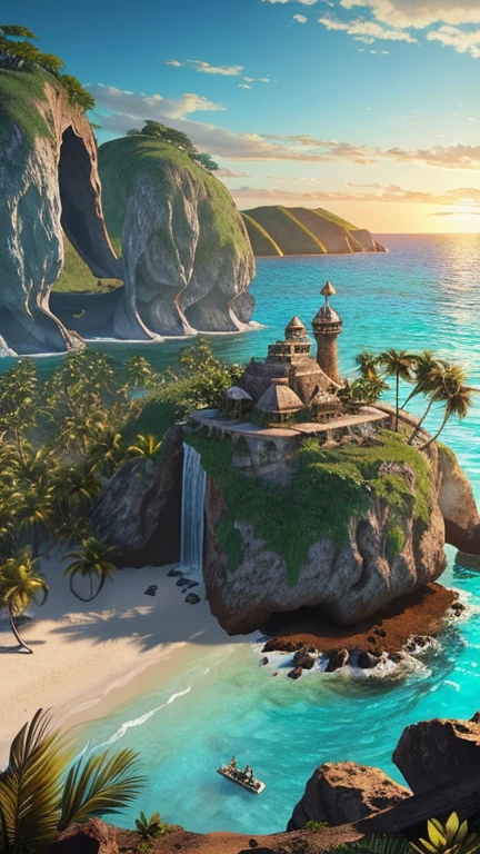 Hyper-realistic digital painting of a mysterious island with an abandoned pirate cove. The entrance to the cove is marked by towering rock formations and shipwrecks scattered along the shore. The remains of an old pirate ship are partially submerged in the clear blue waters. The beach is littered with broken chests, rusted swords, and scattered coins. In the background, dense jungle foliage hides the entrance to a hidden cave, hinting at buried treasure and long-forgotten secrets. The scene is both adventurous and eerie, capturing the spirit of pirate lore. Cinematic composition, trending on ArtStation.