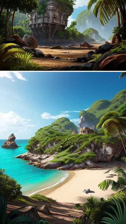 Hyper-realistic digital painting of a mysterious island with an abandoned pirate cove. The entrance to the cove is marked by towering rock formations and shipwrecks scattered along the shore. The remains of an old pirate ship are partially submerged in the clear blue waters. The beach is littered with broken chests, rusted swords, and scattered coins. In the background, dense jungle foliage hides the entrance to a hidden cave, hinting at buried treasure and long-forgotten secrets. The scene is both adventurous and eerie, capturing the spirit of pirate lore. Cinematic composition, trending on ArtStation.