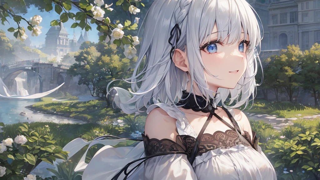 Ultra HD,Look at the viewers, Put your hands behind your back, With a girl, 20-year-old, 非常にShort Hair, Long bangs between the eyes, Pale blue eyes, Very detailed,(masterpiece、Highest quality),Gray Hair、Laughter、Fantastic, Silver Hair, Iris, Short hair、 Fluttering Hair、Small Face、明るいsmile、(Detailed face) ,Professional Lighting,Wonderful landscape,blue sky, sunlight,Looking down from above,Portraiture、Open your mouth、Flower Field、Her eyes were shining、Mysterious and enchanting atmosphere。With AI Painting、とてもShort Hair, Long bangs between the eyes, Very detailed,(masterpiece、Highest quality)、alone、Gray Hair、Fantasy, Silver Hair, Fantasyな風景、smile、Open your mouth、short hair、Short Hair、hairpin、black eye、Grey Eyes、Beautiful Eyes、Black Shirt、White hoodie