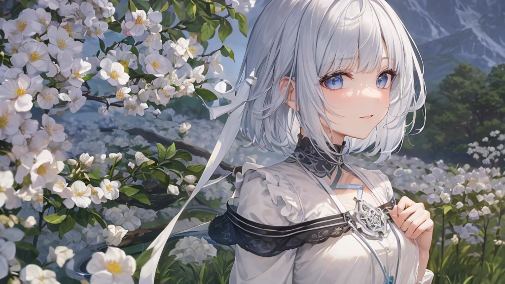 Ultra HD,Look at the viewers, Put your hands behind your back, With a girl, 20-year-old, 非常にShort Hair, Long bangs between the eyes, Pale blue eyes, Very detailed,(masterpiece、Highest quality),Gray Hair、Laughter、Fantastic, Silver Hair, Iris, Short hair、 Fluttering Hair、Small Face、明るいsmile、(Detailed face) ,Professional Lighting,Wonderful landscape,blue sky, sunlight,Looking down from above,Portraiture、Open your mouth、Flower Field、Her eyes were shining、Mysterious and enchanting atmosphere。With AI Painting、とてもShort Hair, Long bangs between the eyes, Very detailed,(masterpiece、Highest quality)、alone、Gray Hair、Fantasy, Silver Hair, Fantasyな風景、smile、Open your mouth、short hair、Short Hair、hairpin、black eye、Grey Eyes、Beautiful Eyes、Black Shirt、White hoodie