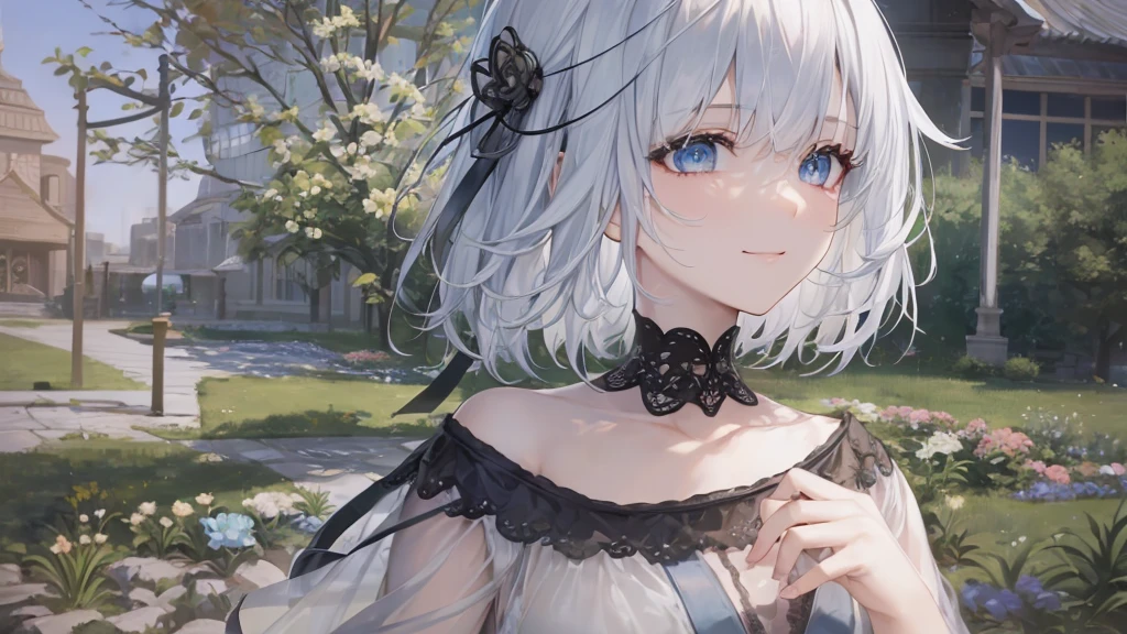 Ultra HD,Look at the viewers, Put your hands behind your back, With a girl, 20-year-old, 非常にShort Hair, Long bangs between the eyes, Pale blue eyes, Very detailed,(masterpiece、Highest quality),Gray Hair、Laughter、Fantastic, Silver Hair, Iris, Short hair、 Fluttering Hair、Small Face、明るいsmile、(Detailed face) ,Professional Lighting,Wonderful landscape,blue sky, sunlight,Looking down from above,Portraiture、Open your mouth、Flower Field、Her eyes were shining、Mysterious and enchanting atmosphere。With AI Painting、とてもShort Hair, Long bangs between the eyes, Very detailed,(masterpiece、Highest quality)、alone、Gray Hair、Fantasy, Silver Hair, Fantasyな風景、smile、Open your mouth、short hair、Short Hair、hairpin、black eye、Grey Eyes、Beautiful Eyes、Black Shirt、White hoodie