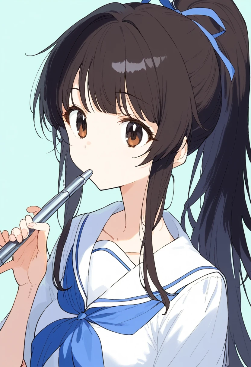 Dark brown and black hair、Long Hair、Straight Hair、High ponytail、(/Nozomi Kasagi\)、1 person、Single person,独奏,Anime characters、girl、Expressionless、Playing the flute、Upper body only、Sailor suit with light blue collar、A white sailor suit with a light blue ribbon