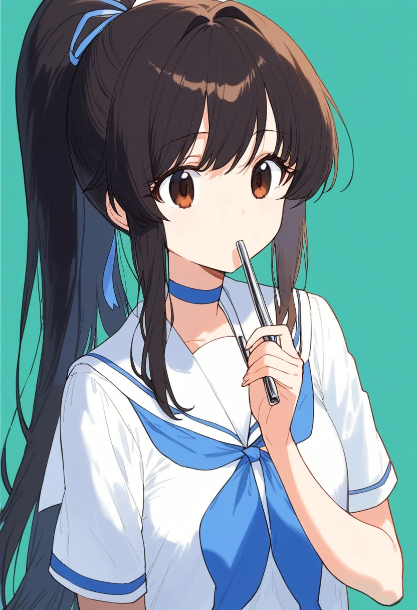 Dark brown and black hair、Long Hair、Straight Hair、High ponytail、(/Nozomi Kasagi\)、1 person、Single person,独奏,Anime characters、girl、Expressionless、Playing the flute、Upper body only、Sailor suit with light blue collar、A white sailor suit with a light blue ribbon