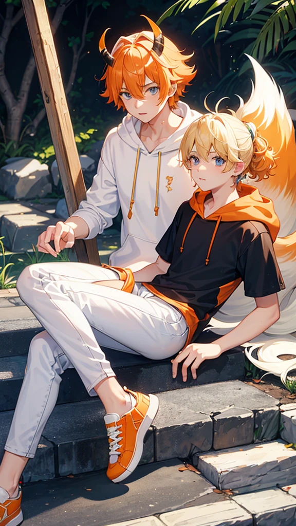 A 16 years old boy, white shoes, Latte coloured jeans, Pastel orange hoodie, orange horns, fox tail, Blue eyes, blonde hair, Orange halo, Short curly hair, ponytail, Australian character, (Blue Archive character)