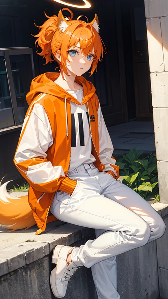 A 16 years old boy, white shoes, Latte coloured jeans, Pastel orange hoodie, orange horns, fox tail, Blue eyes, blonde hair, Orange halo, Short curly hair, ponytail, Australian character, (Blue Archive character)