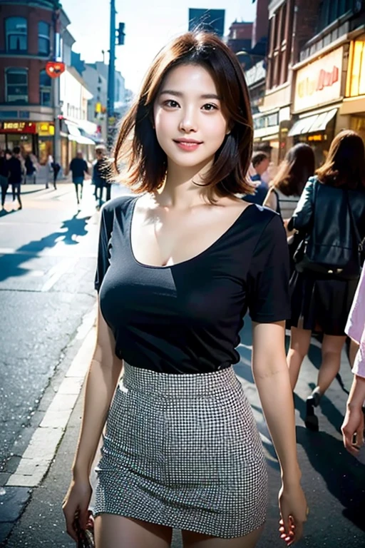 (a gorgeous young korean lady, detailed face with large expressive eyes, long eyelashes, symmetrical face, delicate features, ample bosom, kind smile, wearing black top and short skirt, standing on city street, highly detailed, 8k, masterpiece, masterful lighting, cinematic composition, photorealistic, volumetric lighting, vibrant colors, elegant, graceful, charming, bokeh, the_cowboy_shot, late night)