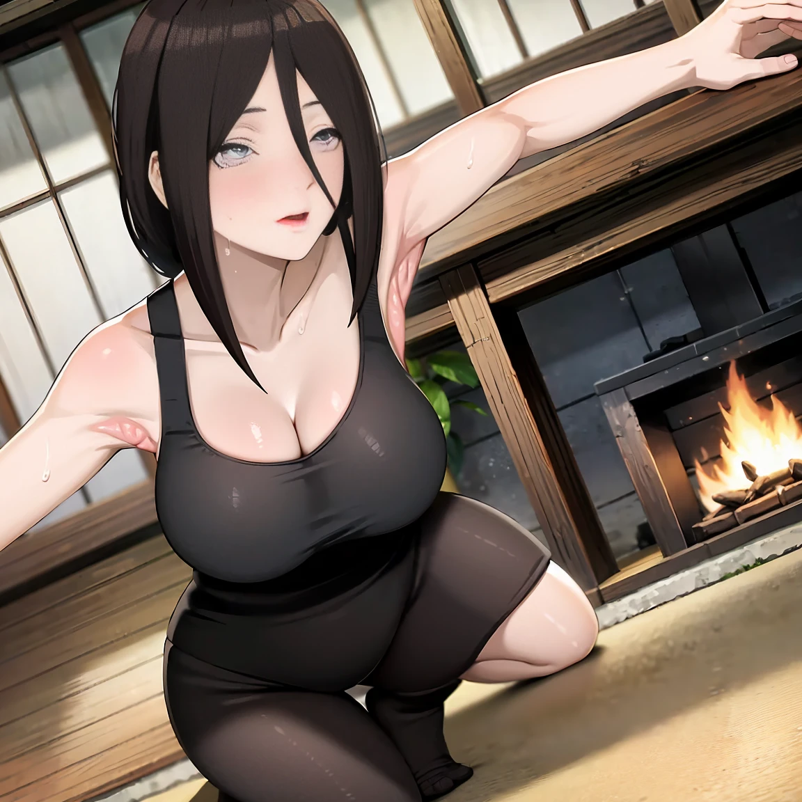 masterpiece, Very detailed, best quality, Ultra-high resolution, 1 Girl, Solitary, （Snow outside the window，exist（bamboo basket）by the fire，Sweating，blush），(中等breast), breast, (Hana and Hinata:1), (Yoga Clothes，Kneeling), cleveage, From the front，sit，exist沙发上，black eyes，White eyes，（（living room，））