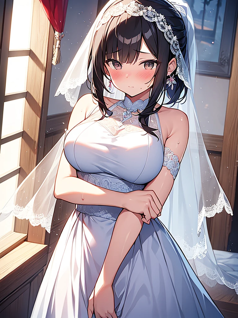 Anime drawing with vivid colors Tall woman:1.9 Veil, All lace, White wedding dress, Mini skirt, Big breasts, Sweat, Naked:1.9. Blushing cheeks: Daytime:1.3 On the bed, white sheets, short black hair, ponytail:1.9 Straight hair Hair tie Sweep bangs to the side:1.9. Slanted eyes, brown eyes, tall, strong-willed, beautiful