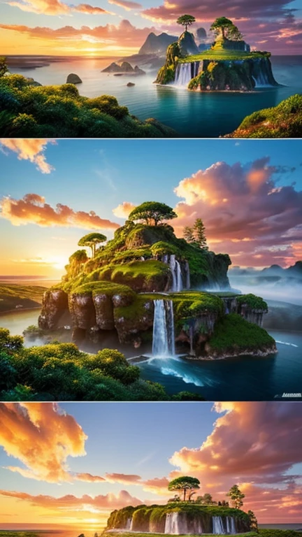 Hyper-realistic digital painting of a mysterious floating island suspended in the sky. The island is lush with greenery, waterfalls cascading from its edges into the clouds below. Ancient ruins of a forgotten civilization are scattered across the island, with stone pillars and statues partially covered in moss and ivy. Birds and mythical creatures soar around the island, adding to the sense of wonder. The sky is a vibrant mix of colors, with the sun setting in the distance, casting a golden light over the scene. Cinematic composition, trending on ArtStation.