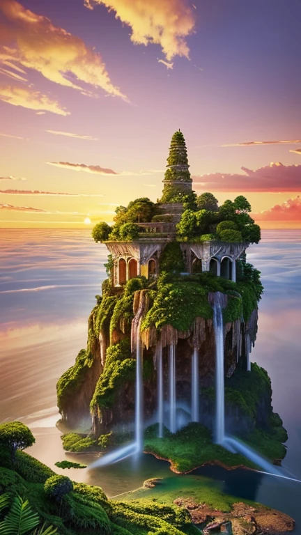 Hyper-realistic digital painting of a mysterious floating island suspended in the sky. The island is lush with greenery, waterfalls cascading from its edges into the clouds below. Ancient ruins of a forgotten civilization are scattered across the island, with stone pillars and statues partially covered in moss and ivy. Birds and mythical creatures soar around the island, adding to the sense of wonder. The sky is a vibrant mix of colors, with the sun setting in the distance, casting a golden light over the scene. Cinematic composition, trending on ArtStation.