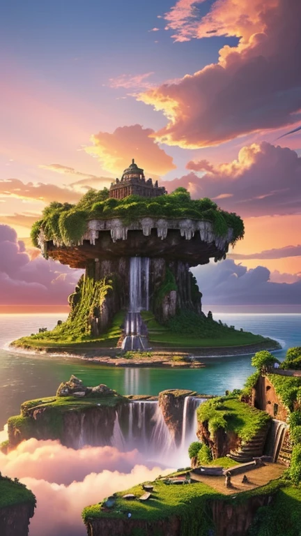 Hyper-realistic digital painting of a mysterious floating island suspended in the sky. The island is lush with greenery, waterfalls cascading from its edges into the clouds below. Ancient ruins of a forgotten civilization are scattered across the island, with stone pillars and statues partially covered in moss and ivy. Birds and mythical creatures soar around the island, adding to the sense of wonder. The sky is a vibrant mix of colors, with the sun setting in the distance, casting a golden light over the scene. Cinematic composition, trending on ArtStation.