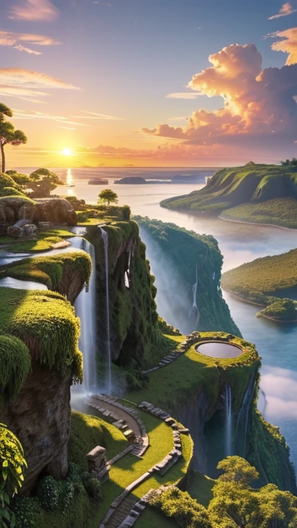 Hyper-realistic digital painting of a mysterious floating island suspended in the sky. The island is lush with greenery, waterfalls cascading from its edges into the clouds below. Ancient ruins of a forgotten civilization are scattered across the island, with stone pillars and statues partially covered in moss and ivy. Birds and mythical creatures soar around the island, adding to the sense of wonder. The sky is a vibrant mix of colors, with the sun setting in the distance, casting a golden light over the scene. Cinematic composition, trending on ArtStation.