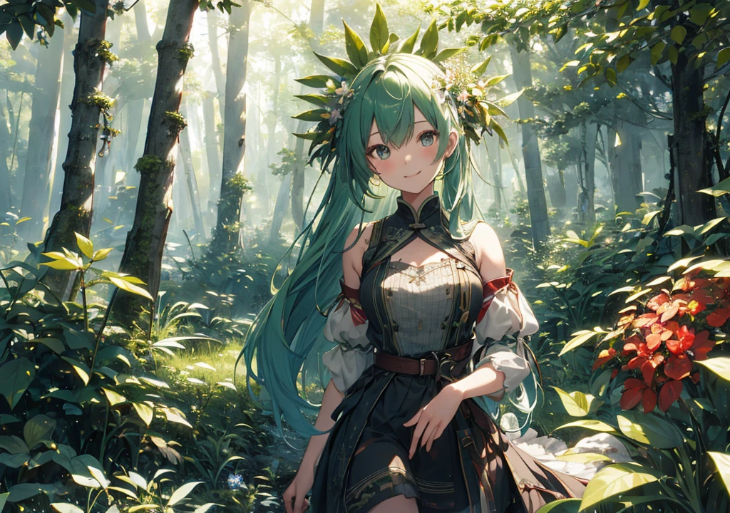 Realistic photos, Focus distance 10mm, Red and white, A big smile, Beautiful girl, Realistic photos, Focus distance 10mmで撮影, masterpiece, 最high quality, high quality, Very detailed CG 8k wallpaper unit, Award-winning photography, Depth of written boundary, High resolution, bloom, chromatic aberration, Realistic, Very detailed, Art Station Trends, CGsociety Trends, Complex, High detail, dramatic, Art on the go, volumetric lighting, game「Tales」Series Image, Guardian of the fantastic forest: A beautiful girl who protects the forest together with fairies and spirits。Giant Tree々and luminous plants spread out in the background., In a silent forest with mist in the background、A village with a mysterious atmosphere, Green Hair