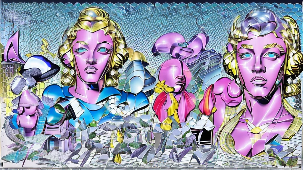 (masterpiece), Highest quality, One girl, Part your lips, Smooth metallic texture, bangs,((Grainy Halftone Screen,POP ART,Mixed Media,Vaporwave)),((Lichtenstein-style drawing)),(blue eyes,Wearing headphones)