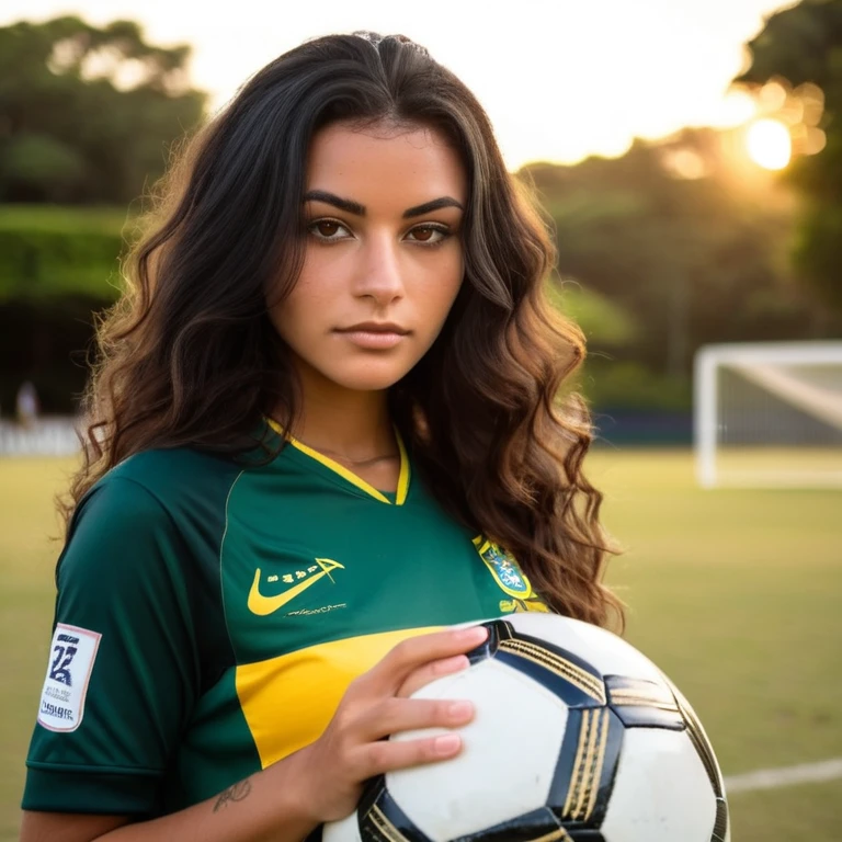 A photorealistic portrait of a 24 year old Brazilian girl, Playing soccer, with long curly black hair and striking Claire eyes. It should have a natural, approachable expression and be lit by soft golden sunlight. The background should be a picturesque outdoor setting, perhaps a sunny park or beach. Capture this image with a high-resolution photo using an 85mm lens for a flattering perspective