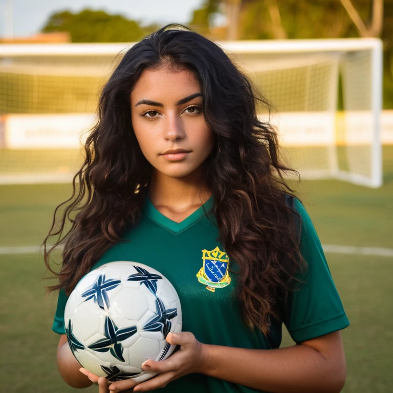A photorealistic portrait of a 24 year old Brazilian girl, Playing soccer, with long curly black hair and striking Claire eyes. It should have a natural, approachable expression and be lit by soft golden sunlight. The background should be a picturesque outdoor setting, perhaps a sunny park or beach. Capture this image with a high-resolution photo using an 85mm lens for a flattering perspective