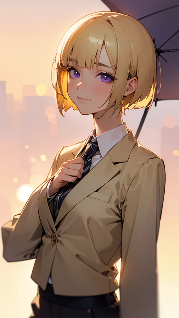 1 girl、8k、Sharp focus、(Bokeh) (Highest quality) (Detailed skin:1.3) (Intricate details) (anime)、(blonde)、short hair、Bobcut、Blunt bangs、Beautiful purple eyes、Slender body、From the side、Upper body close-up、White shirt、Black work trousers、Black Fitted Blazer、Calm face、Mouth closed、Cheeky Smile、Squint your eyes、Park in the background、sunset、Soft lighting.