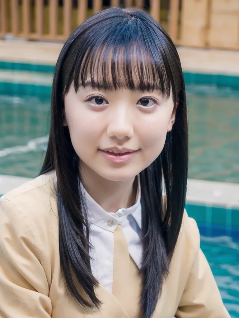 (((Highest quality、masterpiece))、RAW Photos、8k、Highest quality、 Ultra-high resolution、Beautiful face in every detail、Realistic human skin、Gentle expression、View from the front、color々From an angle、Hair length、Realistic、Photorealistic、cute、Short skirt、cute女子高生、Japan in uniform、Surreal girl、blue sky、outside of home、By the pool、watch、