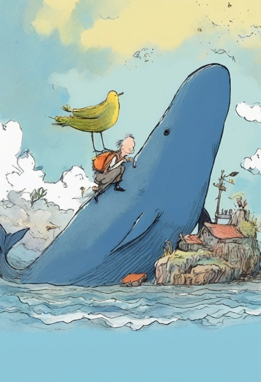 Quentin Blake style photo 、A bird perches on the whale's back、hight resolution、Beautiful fece、top-quality、masterpiece、ighly detailed