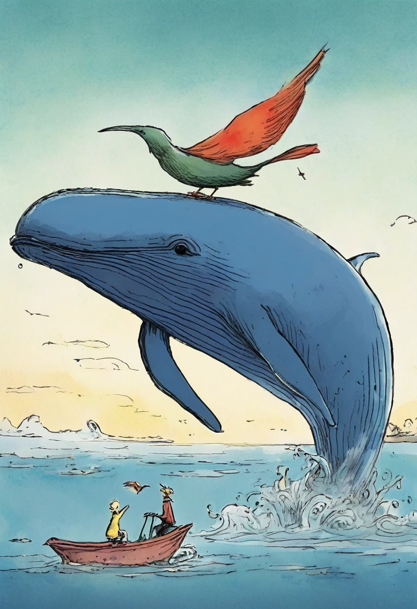 Quentin Blake style photo 、A bird perches on the whale's back、hight resolution、Beautiful fece、top-quality、masterpiece、ighly detailed