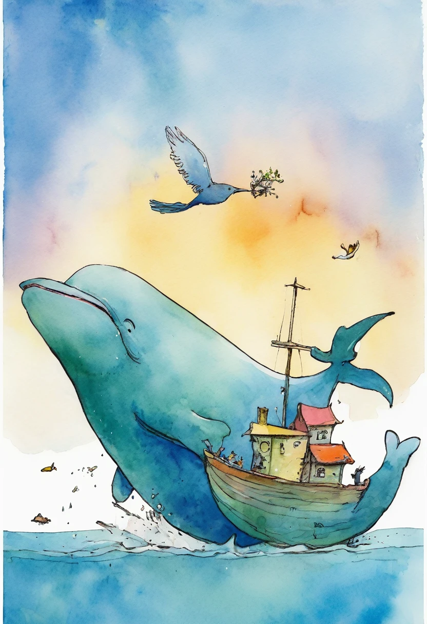 Quentin Blake style photo 、A bird perches on the whale&#39;s back、hight resolution、Beautiful fece、top-quality、​masterpiece、ighly detailed