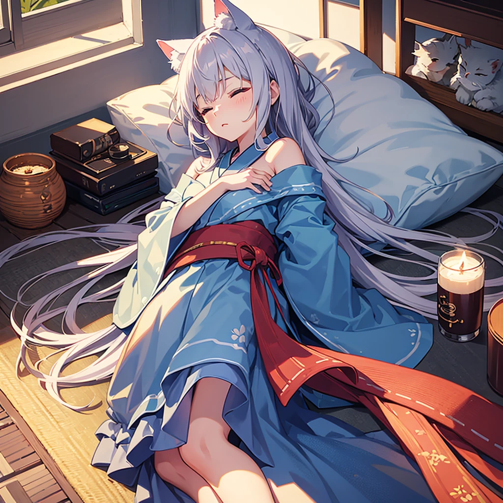 Close-up of face,Young,Lying with my whole body spread out on the soft bed,Laying my head on the pillow,Sleeping with the left side facing down,Sleeping with both eyes closed,So close you can hear me breathing,One person,Fireworks Night, Yukata,A strand of red mesh in silver hair, A huge fireworks falling from the sky, visible from both windows behind me,Cat ear girl, delicate design, Bright colors, detailed character design, Soft light and shadow, Cat&#39;s Tail, Cat print yukata, Fireworks in the night sky, Face illuminated by light, Characters stand out, The background is blurred, The focus is on the characters, Sharp details, Dim light at night,Dimly lit room