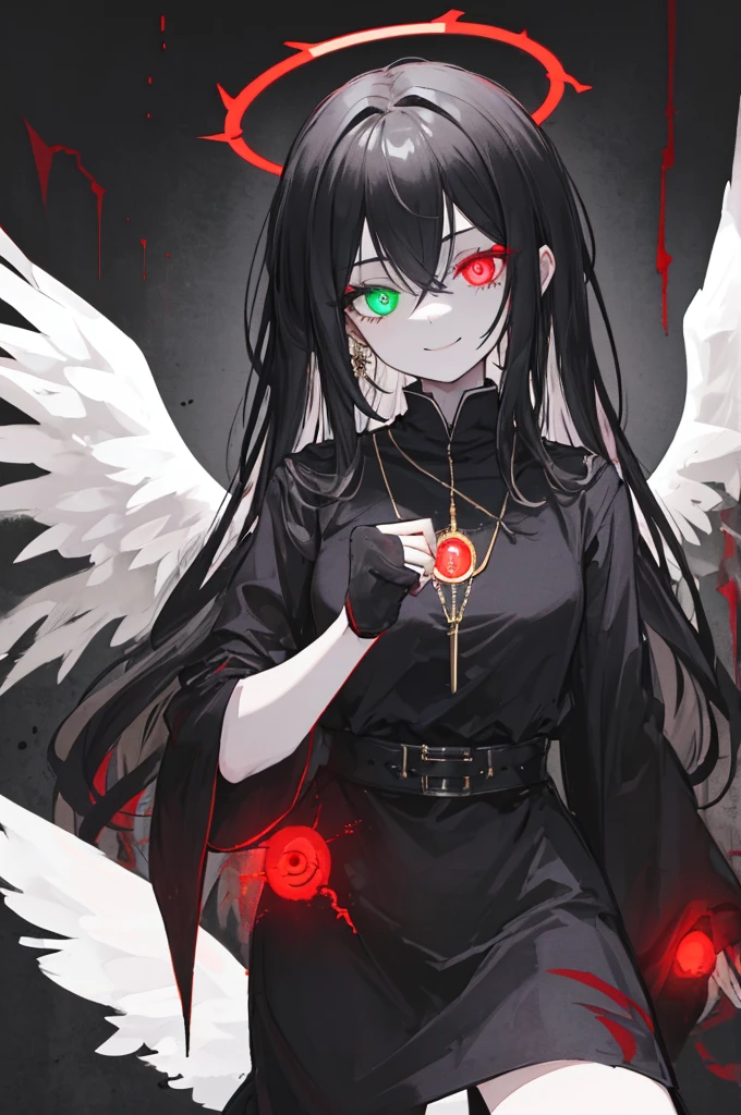 1girl in, (Scary), Holy Angel, Gorgios, on the lap, (red halo), Dark, Glowing eyes, Heterochromia eye, Angel wings, glowing pendant, holy, Sensual milf, black tunic, Feathers, which are full of confidence, Smile, Expressive eyes, collofull eyes, Contrasty, shadowy, masutepiece, Digital Art, Glowing eyes, Intimidating, corrupted, Demonic