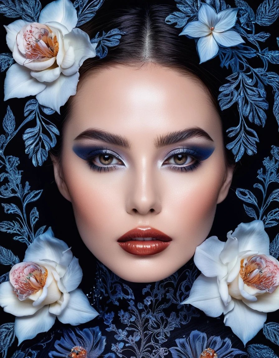 A captivating portrait of a woman with smoky eyes and glossy lips, surrounded by intricate floral designs.