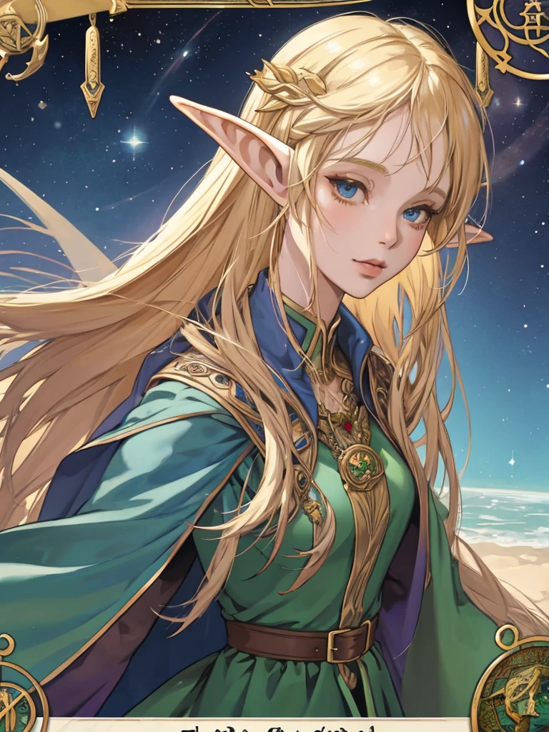 tarot cards, 1 elf girl，Portrait of a European elf&#39;s face，long shapeless hair, shining skin, face detailed, wearing a printed robe， Sumeru，nube, moonligh，((tarot cardsのレイアウト))，highest quallity, work of art, (realisitic:0.6), realisitic lighting,flower frame， decorative panel， abstract art， (Alphonse Mucha's) （work of art， best qualityer, 8k, very detailled， details Intricate， 4K，cerúleo， line drawing， fibonacci.