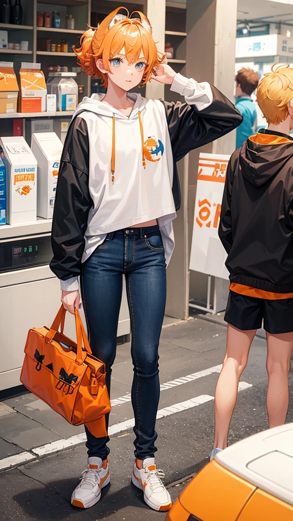 A boy, white shoes, Latte coloured jeans, Pastel orange hoodie, orange horns, fox tail, Blue eyes, blonde hair, Orange halo, Short curly hair, ponytail, Australian character, (Blue Archive character)