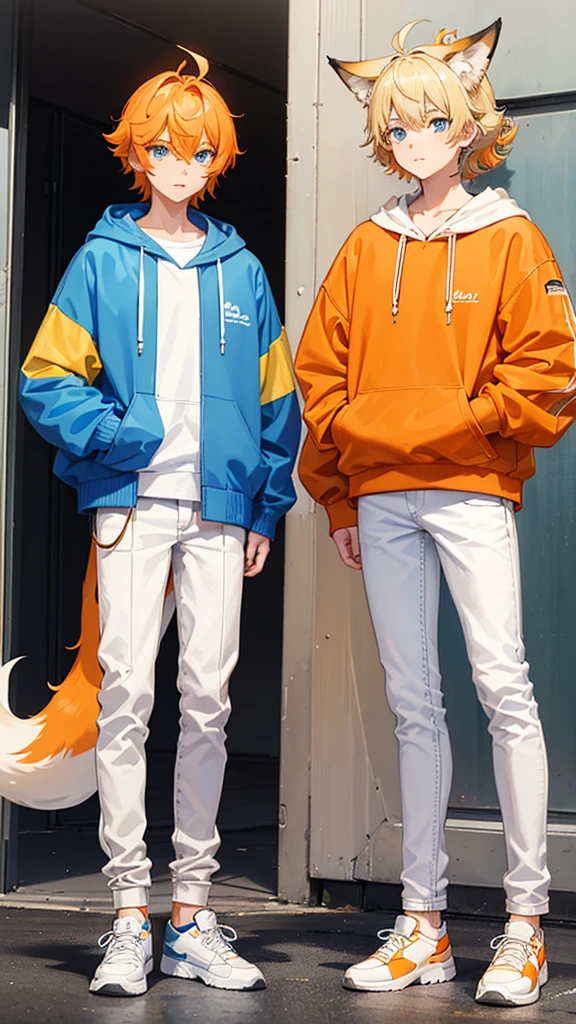 A 16 years old boy, white shoes, Latte coloured jeans, Pastel orange hoodie, orange horns, fox tail, Blue eyes, blonde hair, Orange halo, Short curly hair, ponytail, Australian character, (Blue Archive character)